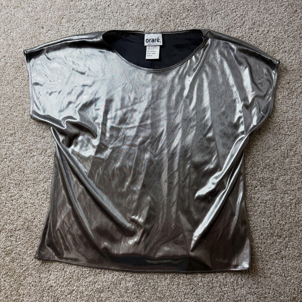 Vintage Oraré Blouse Womens Medium Silver Metallic Short Sleeve Round Neck Top